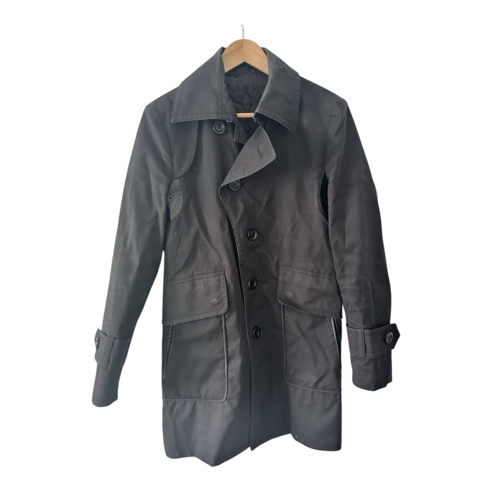 Mackage Womens Black Trench Spring Jacket Leather Trim , Satin Lining, Size 38